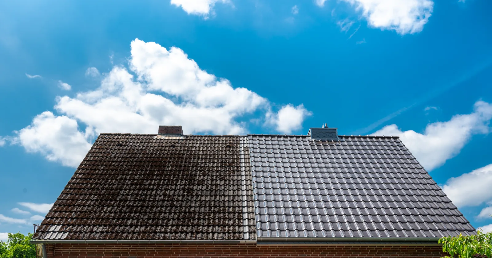Roof cleaning before and after moss removal tiled roof