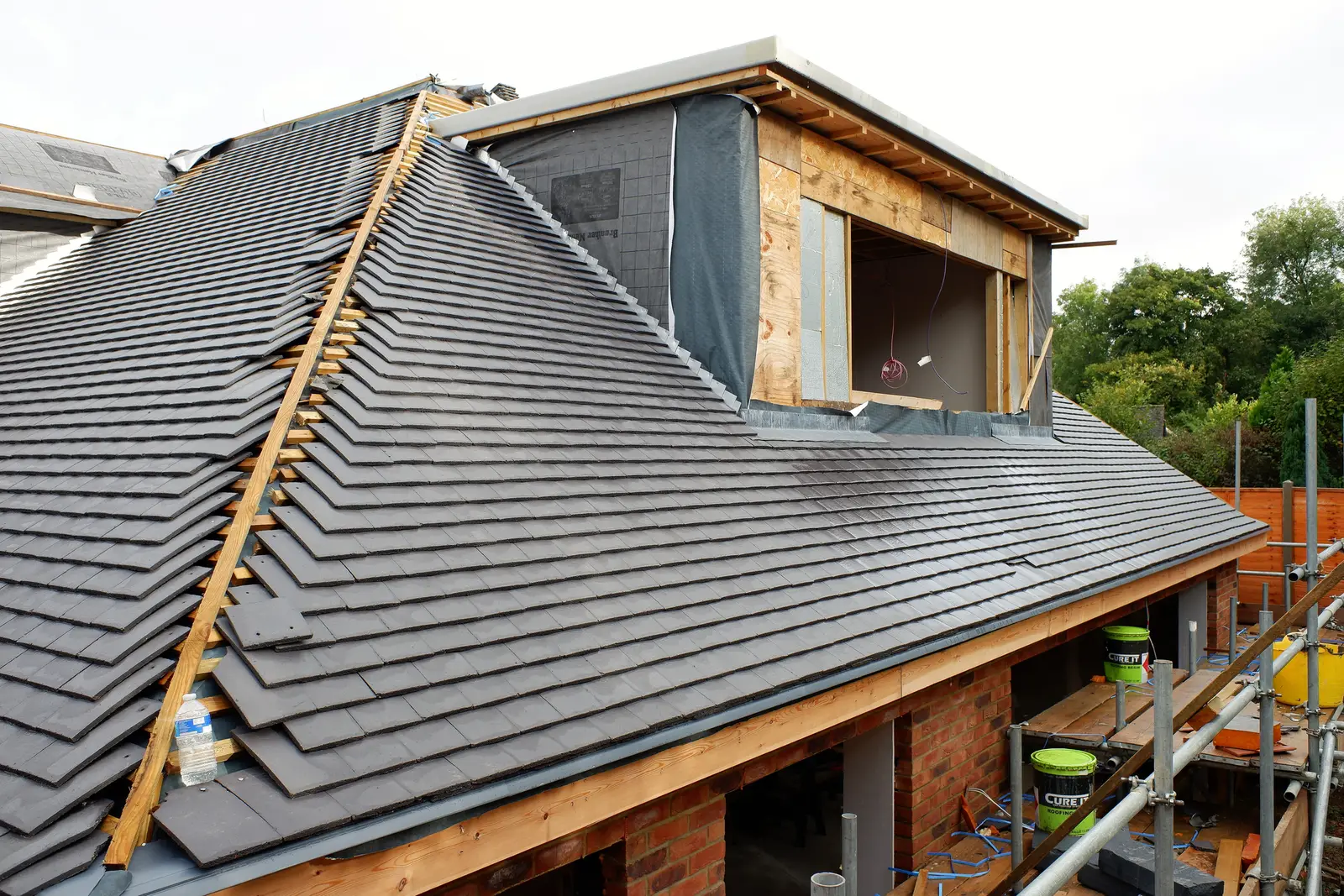 Tiled slate grey concrete tile roof dormer new build
